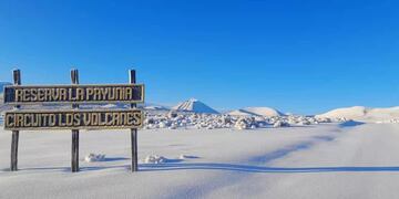 El impactante paisaje de La Payunia cubierta de nieve y que la hace ver como una postal del espacio. Foto: Gentileza Guardaparque Jimena Martíjez Chaves