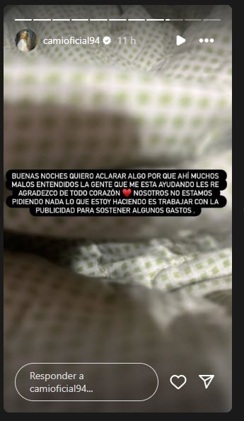 Camilota pidió trabajo para cubrir los gastos de su viaje al hospital en el que está Thiago Medina