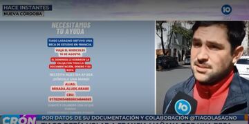 Tiago Lasagno debía volar a Francia este miércoles por una beca de estudio pero le robaron sus documentos y dinero.