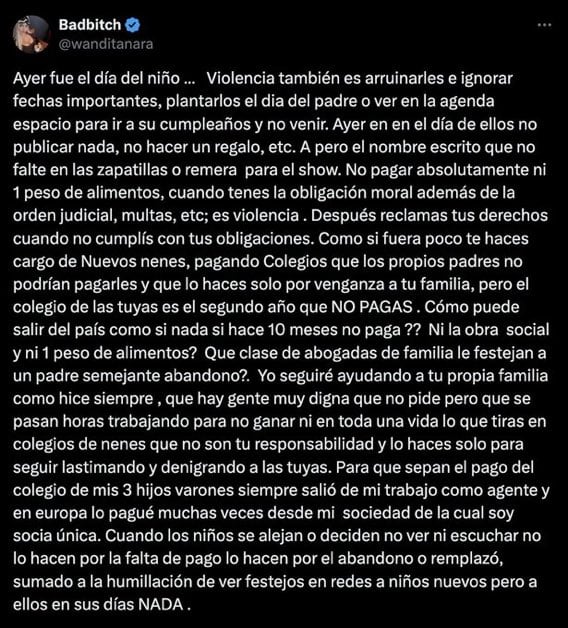 Wanda Nara apuntó contra Mauro Icardi en X.