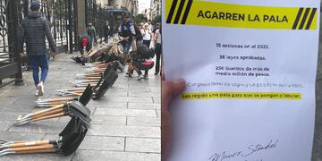 El empresario Mauro Stendel puso 256 palas frente al Congreso y repartió folletos. Foto: Los Andes.