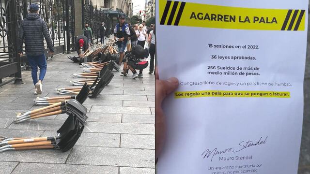 El empresario Mauro Stendel puso 256 palas frente al Congreso y repartió folletos. Foto: Los Andes.