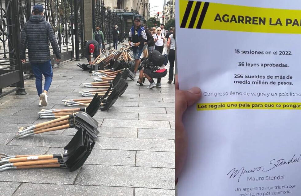 Frente al Congreso, un empresario dejó palas para los diputados y un mensaje: “Les regalo una pala para que se pongan a laburar”