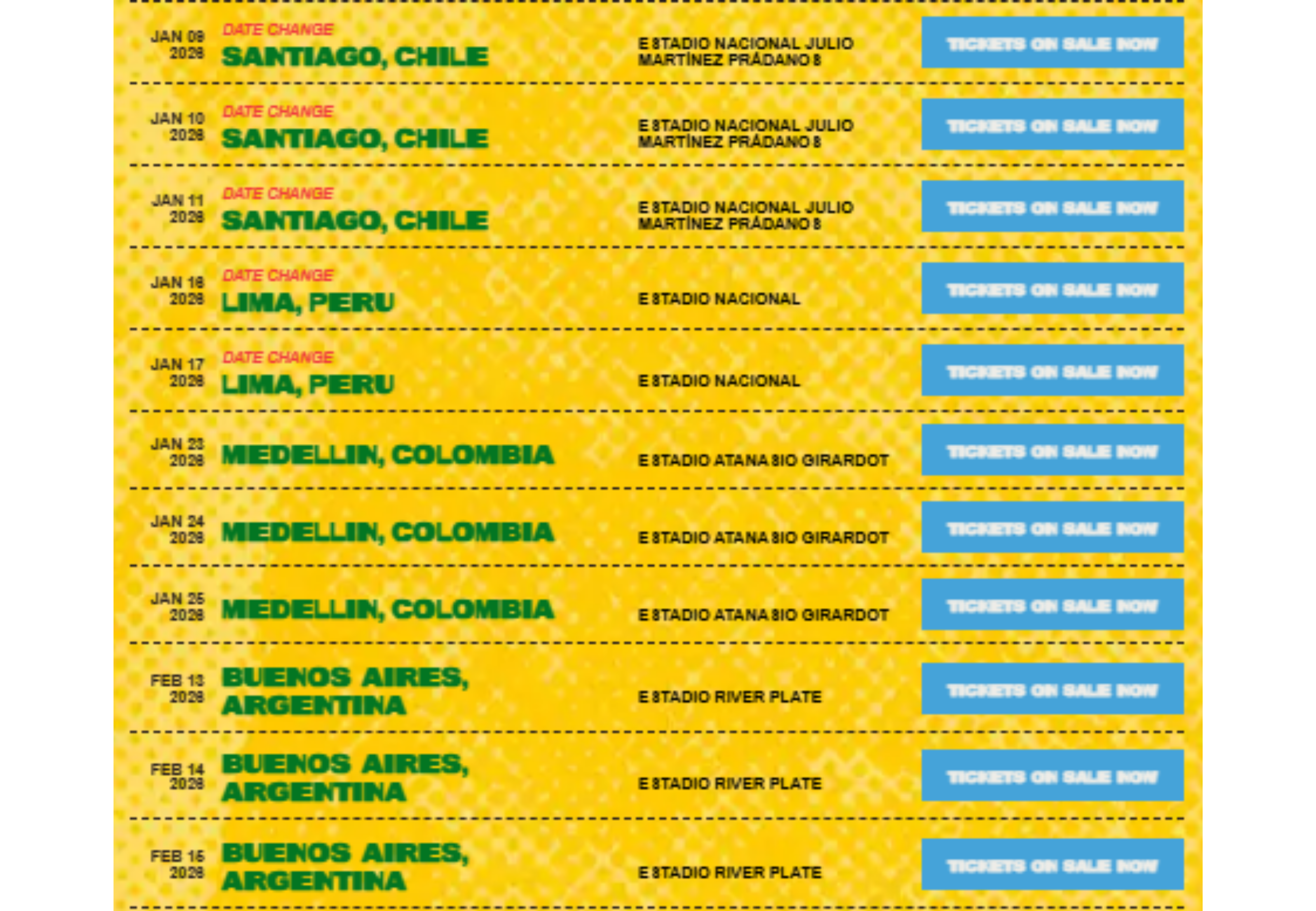 Las fechas de los próximos shows del cantante.