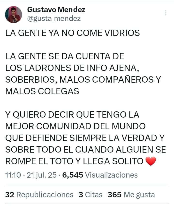 Gustavo Méndez se refirió a Yanina Latorre y Ángel de Brito en X.