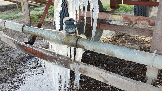 El agua se congeló en los caños de un campo en la zona de Marcos Juárez, en el invierno de 2021.