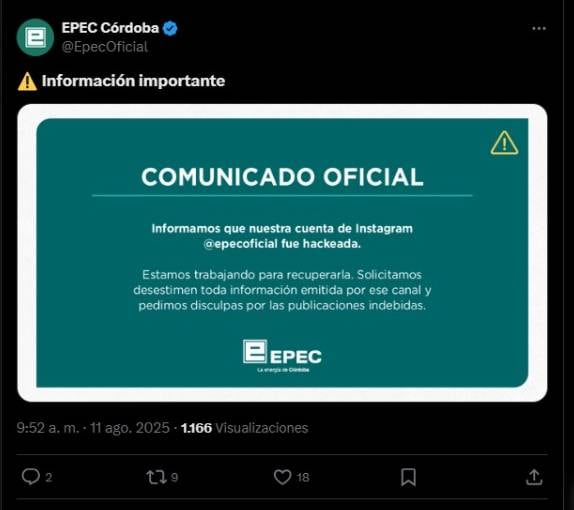 El comunicado de Epec por el hackeo. (Captura)
