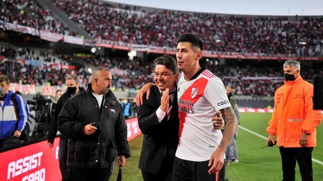 El defensor mendocino Fabrizio Angileri junto al técnico Gallardo. "No me imaginaba un River sin Marcelo", remarcó en Mendoza.