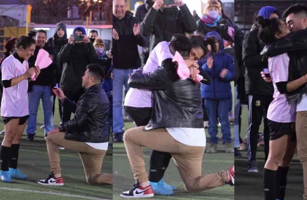 Neuquén: le propuso casamiento en una cancha de futbol y sus compañeras fueron cómplices del emotivo momento