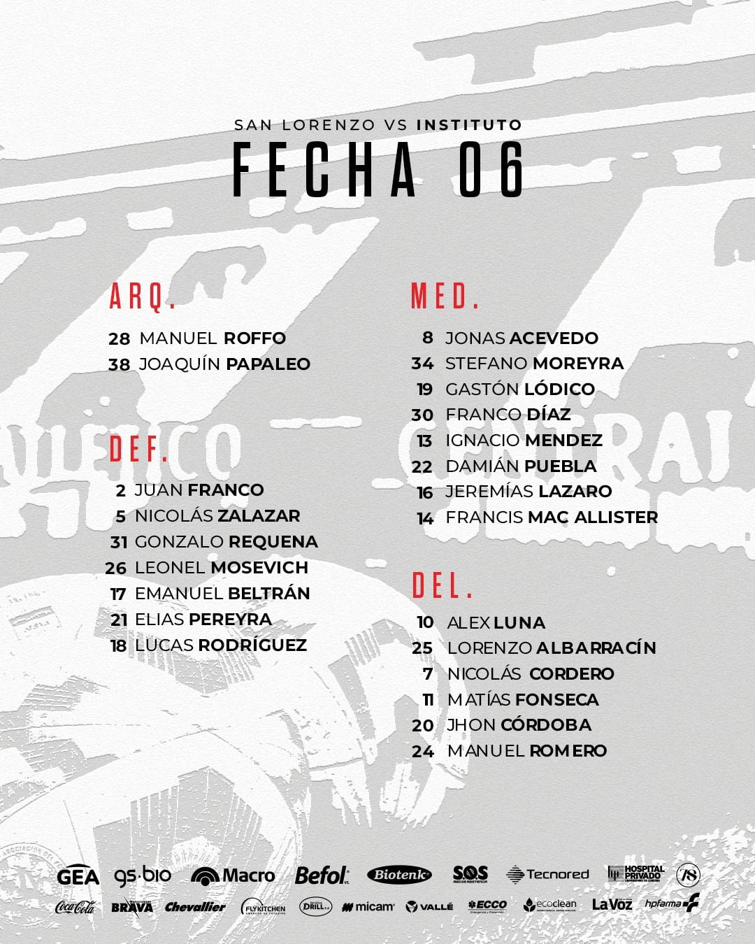 Los convocados por Instituto para el duelo con San Lorenzo.
