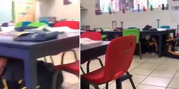 Niños se resguardan de tiroteo mientras su maestra intenta controlar la situación.