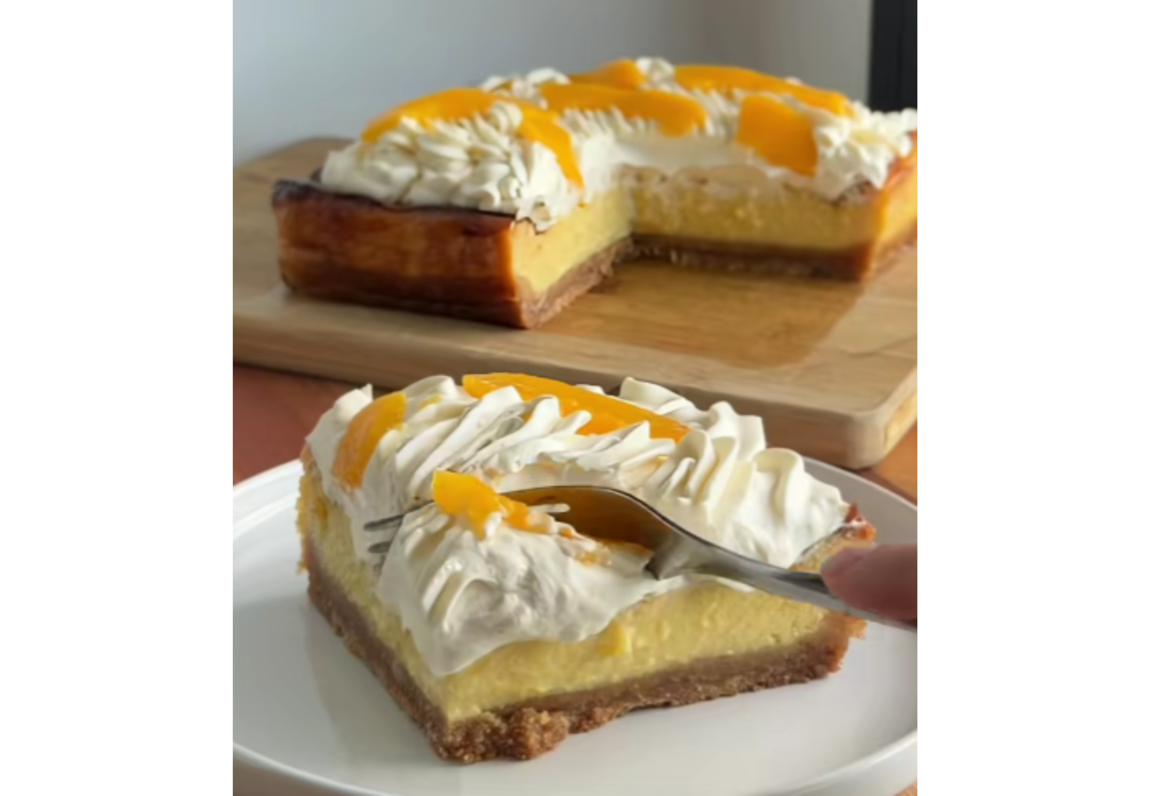 Así queda la torta de duraznos.