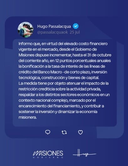 Misiones aumenta la bonificación de tasas de interés para créditos del Banco Macro.