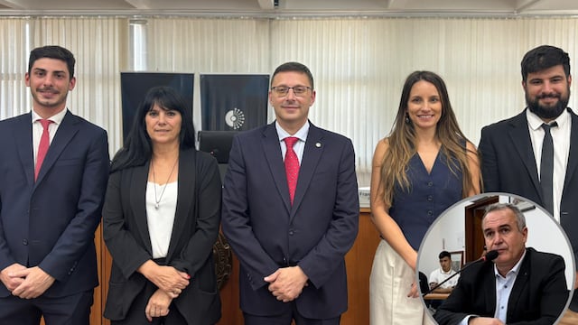Nuevas autoridades: Nicolás Abdala (secretario), Alejandra Sagardoy (vice 1°), Lisandro Mársico (Presidente), María Paz Caruso (vice 1°) y Franco Laorden (prosecretario). Abajo, Ceferino Mondino, que votó en contra