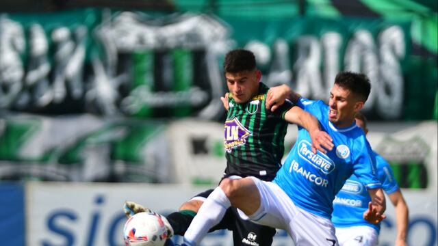Ruiz Gómez gana con la pierna derecha para marcar el segundo gol de Belgrano ante Nueva Chicago. (Federico López Claro / La Voz)