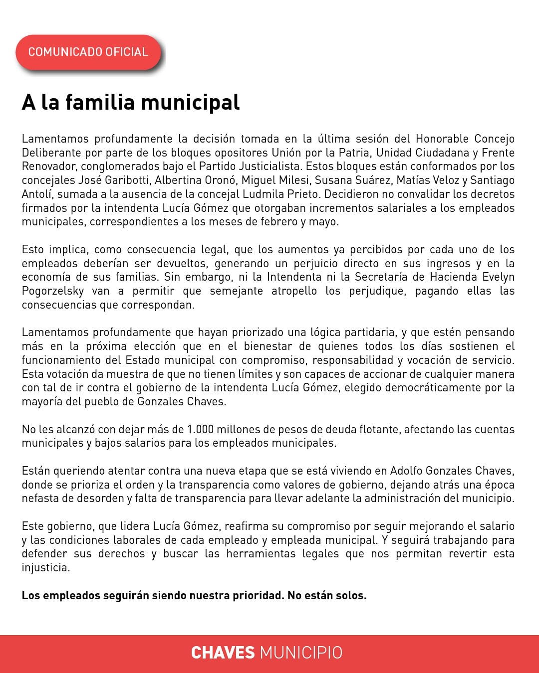 Adolfo Gonzales Chaves: la oposición no convalidó los aumentos a los empleados municipales