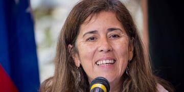 Jefa de la delegación de la Unión Europea (UE) en Caracas, Isabel Brilhante Pedrosa, en una rueda de prensa el 2 de mayo de 2018, en Caracas (Venezuela).