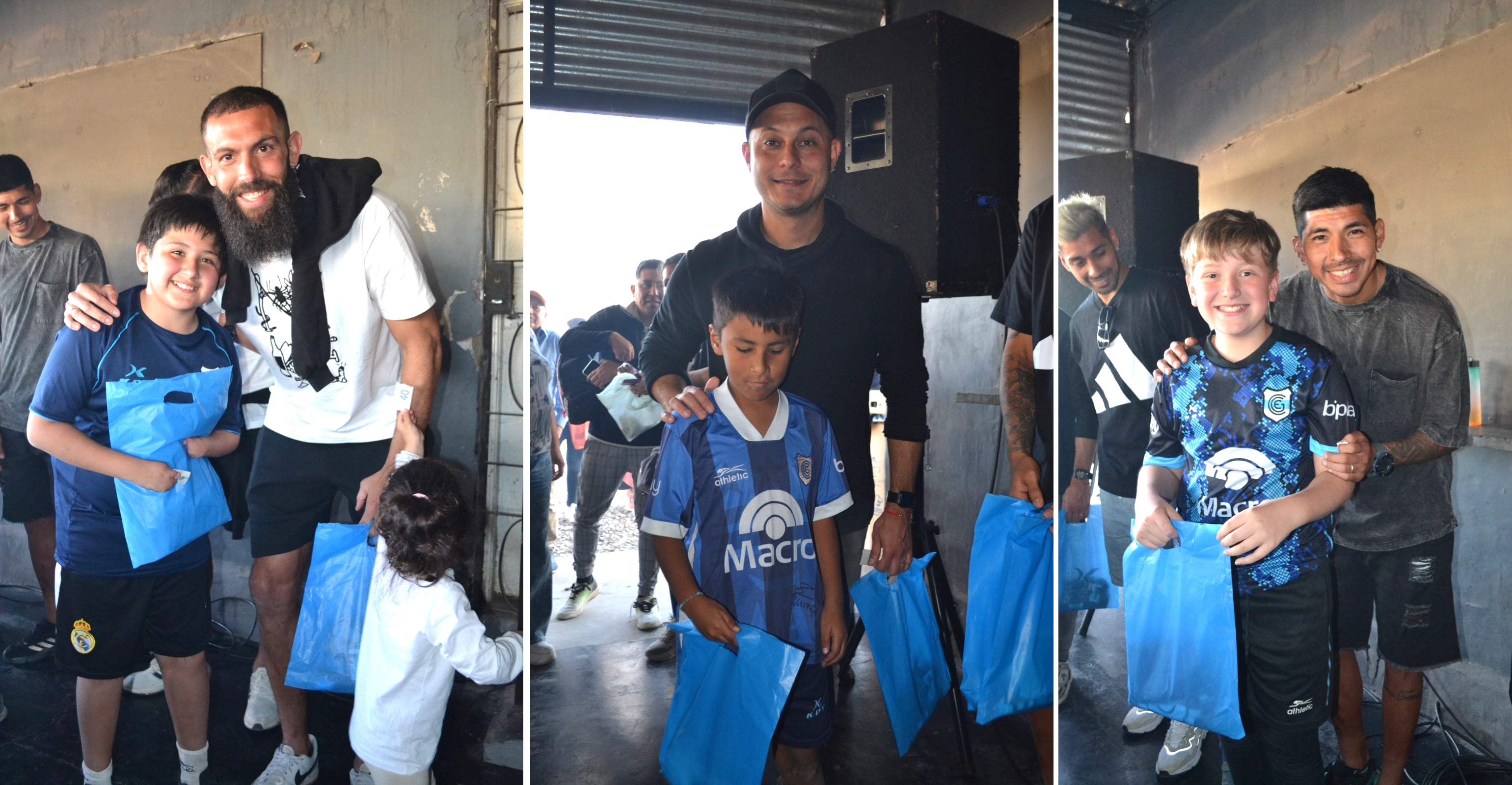 Alejandro Quintana, Matías Módolo y Diego López, al momento de entregar los regalos sorpresa que se sorteó durante la celebración.