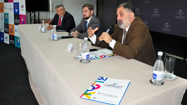 Jorge Gurrieri, Exequiel Lello Ivacevich y Raúl Jorge, en la presentación oficial de la decimoquinta edición de la Expojuy, programada para octubre próximo.