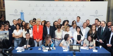 Los bloques legislativos del Frente de Todos anunciaron el pedido de audiencia con la Corte en conferencia de prensa (Foto: Federico López Claro)