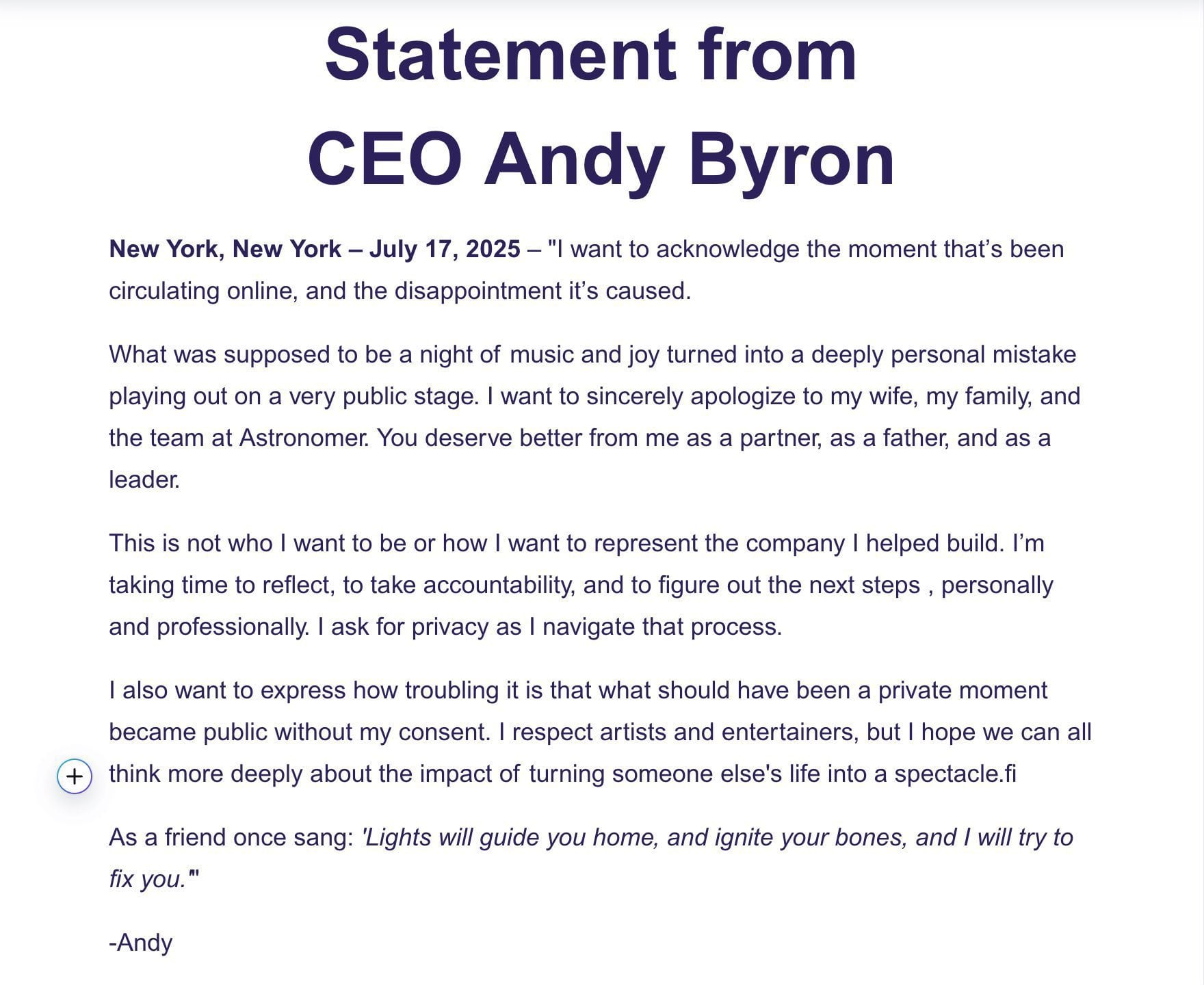 El comunicado de Andy Byron