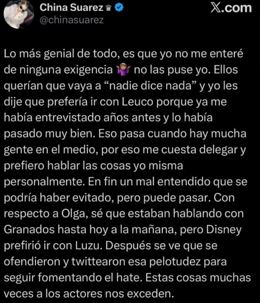 Esto fue lo que dijo la China Suárez sobre lo sucedido.