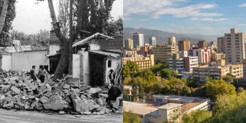 Izquierda: sismo 1985; Derecha: Ciudad de Mendoza en la actualidad