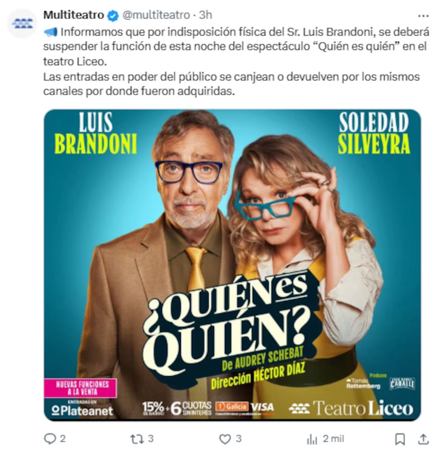 El anuncio sobre la salud de Luis Brandoni