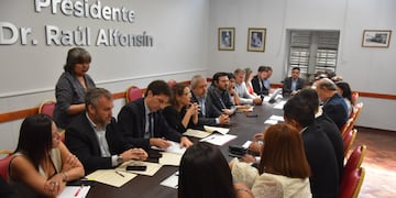 El plenario de las comisiones de Asuntos Institucionales, de Finanzas y de Legislación General, en plena tarea para avanzar en el estudio del proyecto remitido por el Poder Ejecutivo sobre el Consejo de la Magistratura y Jury de Enjuiciamiento.