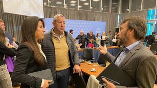 De izquierda a derecha, los diputados de la UCR por Mendoza Pamela Verasay, Julio Cobos y Lisandro Nieri