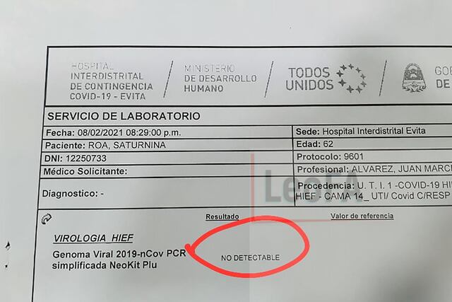 El PCR de Saturnina Roa claramente certifica que no tenía coronavirus dos días antes de su fallecimiento