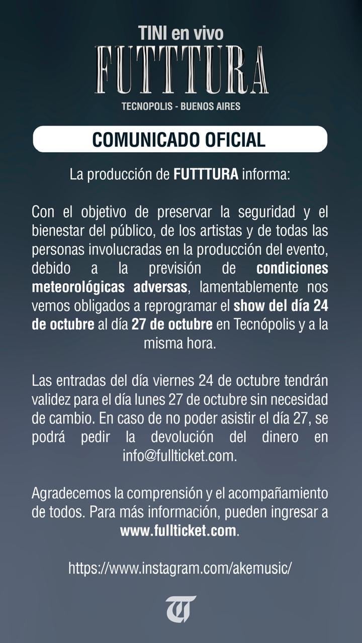 Tini Stoessel anunció la suspensión de su show en Tecnópolis.