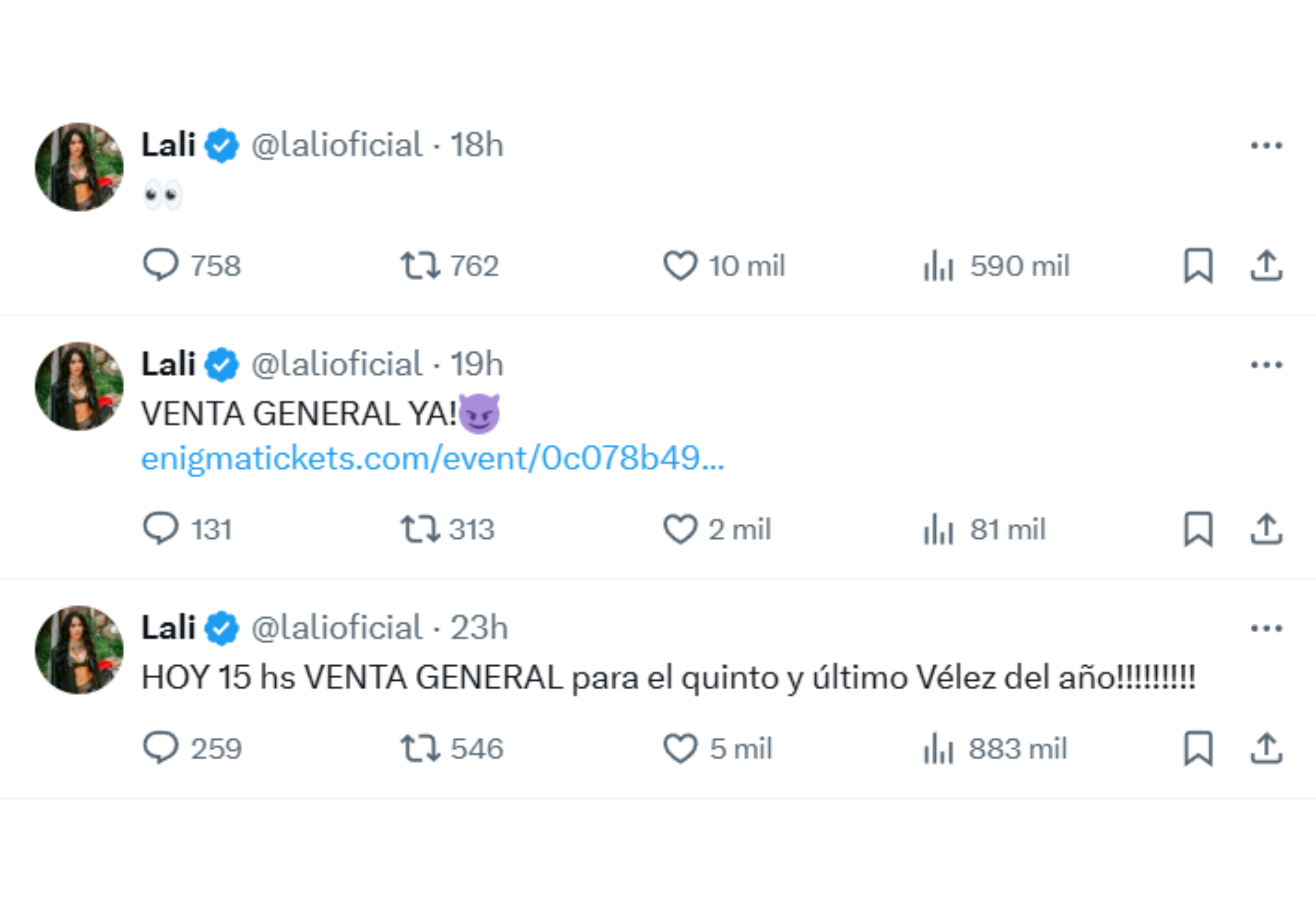 La reacción de Lali tras agotar su quinto Vélez del año.