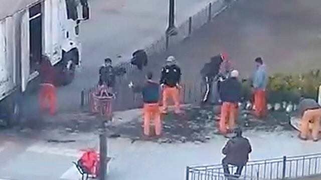 La particular forma en que descargaron plantines en la Plaza Colón un grupo de trabajadores.