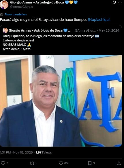 Esto fue lo que predijo Giorgio Armas sobre Chiqui Tapia.