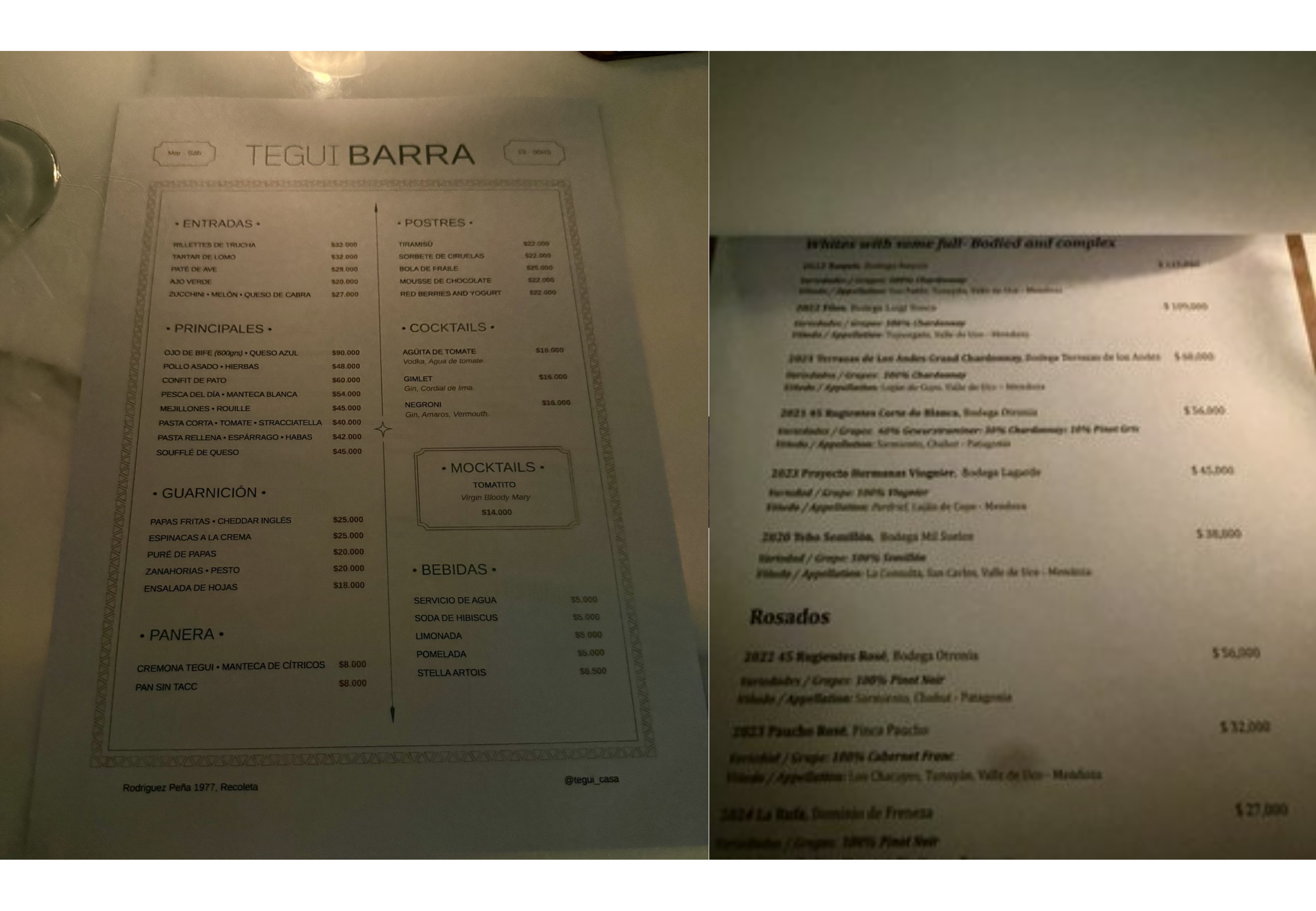 Parte del menú de Tegui.