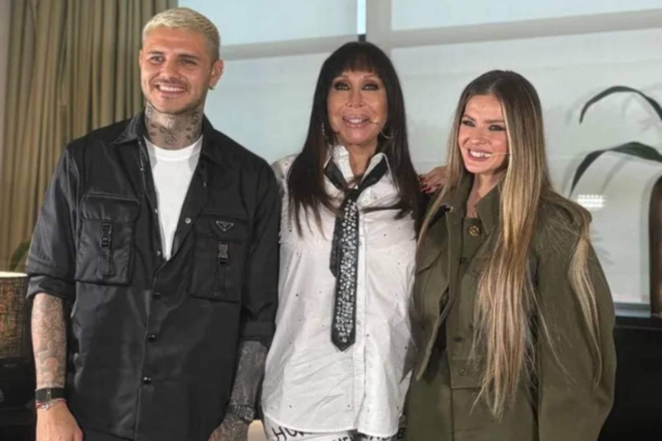 Mauro Icardi, Moria Casán y China Suárez, al cierre de la entrevista en "La Mañana con Moria". (El Trece)