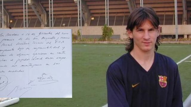 Primer contrato de Messi con el Barcelona en una servilleta.
