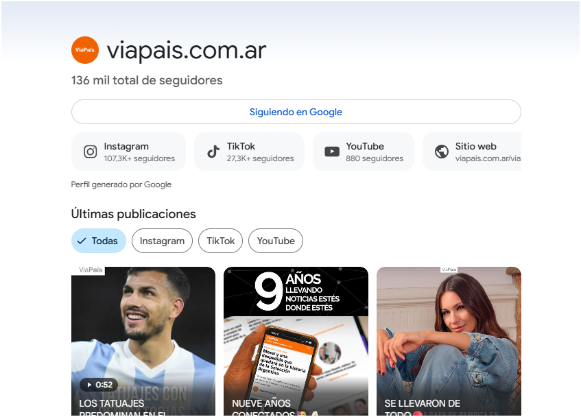 Así aparece el perfil de Vía País en Google Discover.