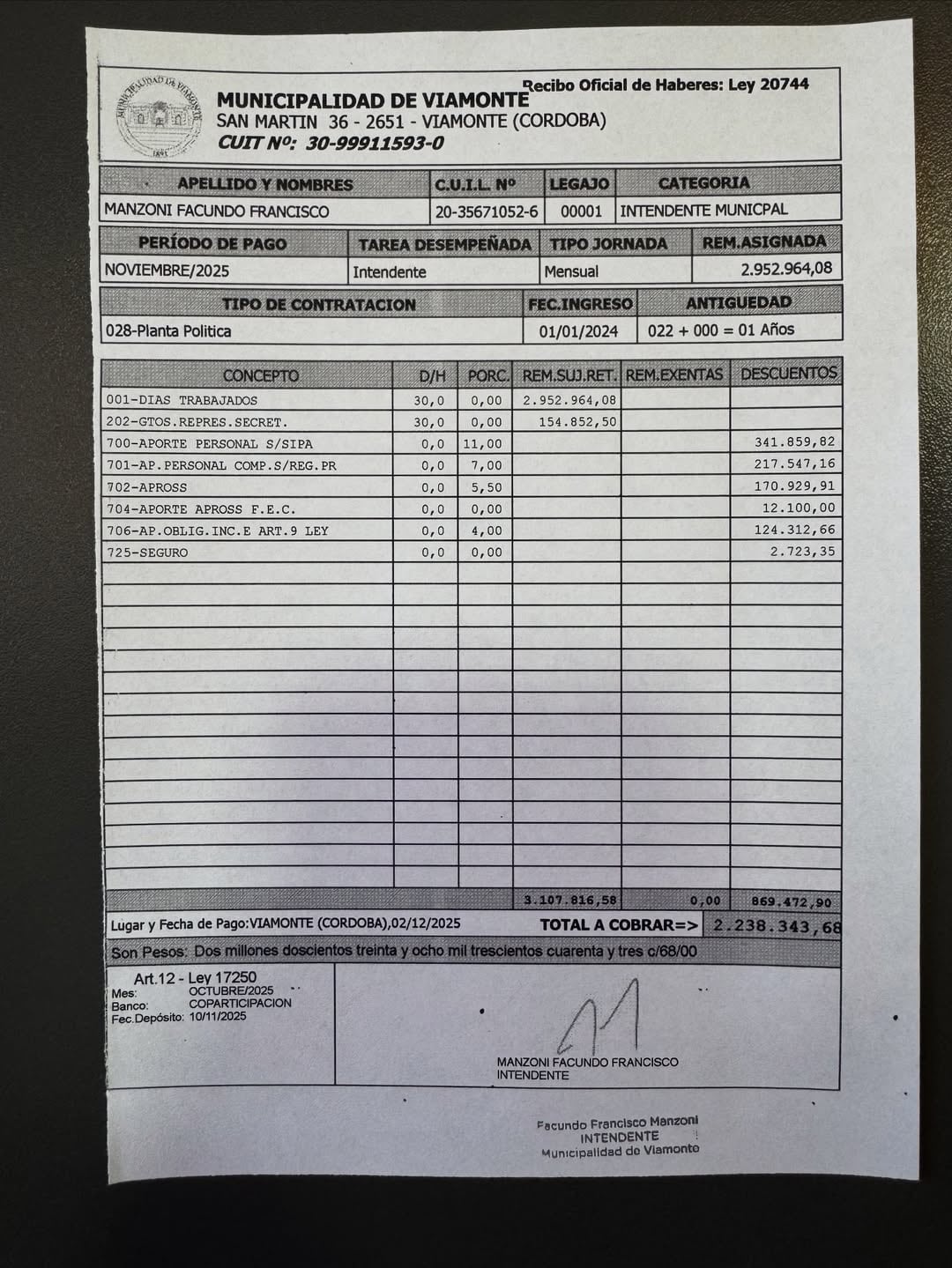 Facundo Manzoni, intendente de Viamonte, mostró su sueldo.