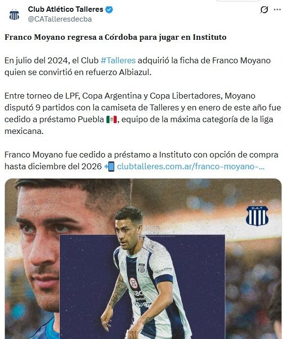 El insólito posteo de Talleres para presentar un refuerzo de Instituto.