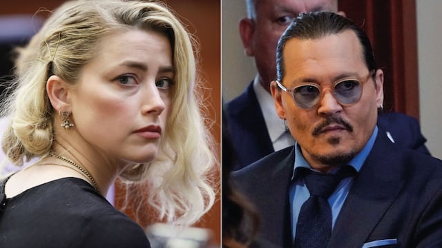 Amber Heard y Johnny Depp en diferentes etapas del juicio. (AP)