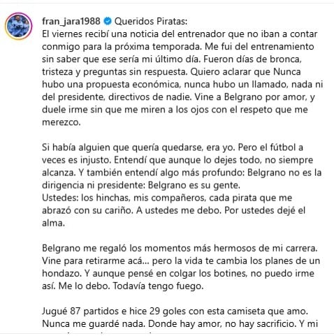 Franco Jara confirmó su salida de Belgrano con un efusivo mensaje.