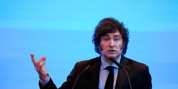 El presidente argentino Javier Milei habla durante el Foro Económico Internacional de las Américas en Buenos Aires, Argentina, el martes 26 de marzo de 2024. (AP Foto/Natacha Pisarenko)