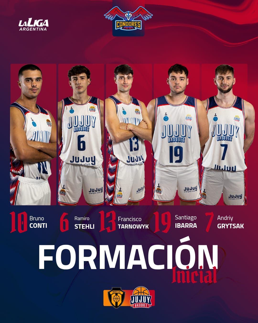 El quinteto titular que inició el encuentro ante Amancay. Andriy Grytsak fue una de las figuras de la noche y lideró el goleo del conjunto jujeño en La Rioja.