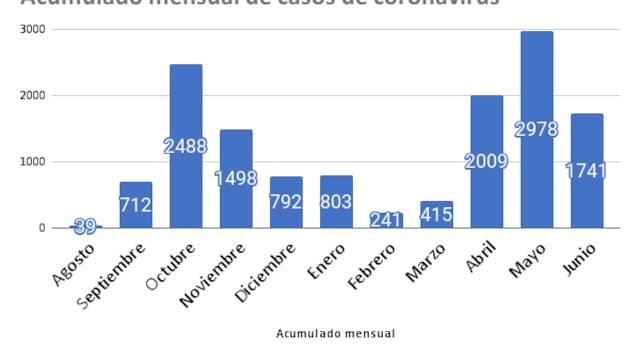 Casos de coronavirus acumulados por mes en Rafaela