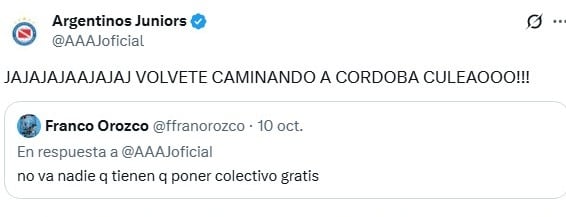Uno de los desafiantes posteos de Argentinos Juniors tras eliminar a Belgrano de Copa Argentina.