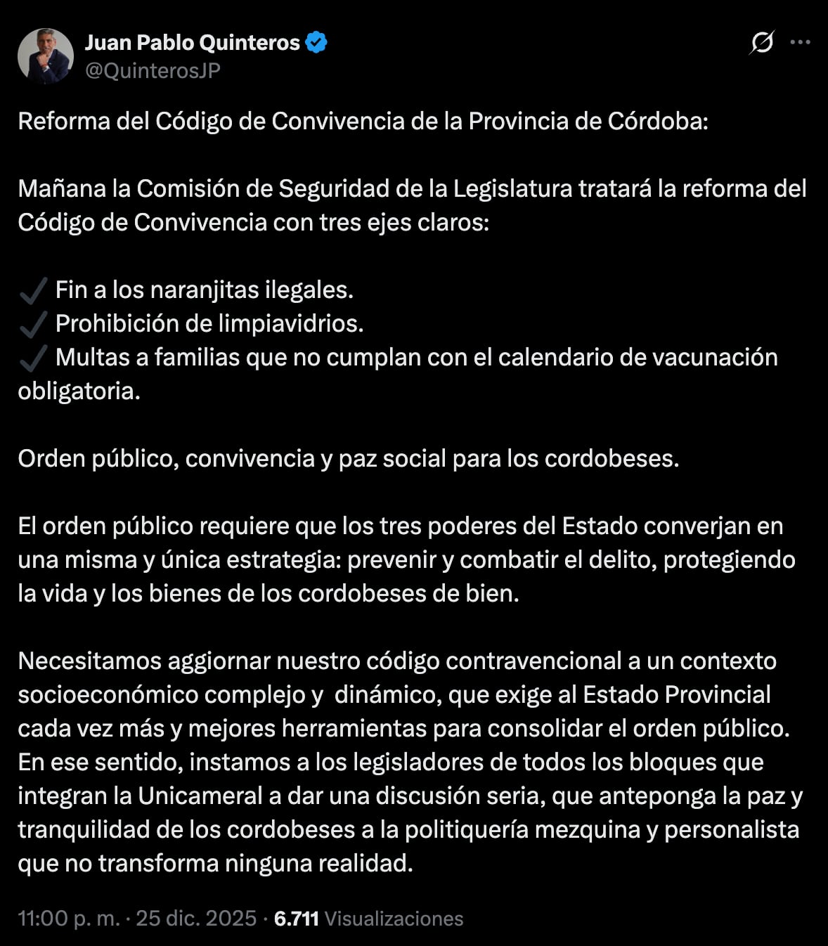 El mensaje del ministro de Seguridad sobre la sesión en la Legislatura de Córdoba.