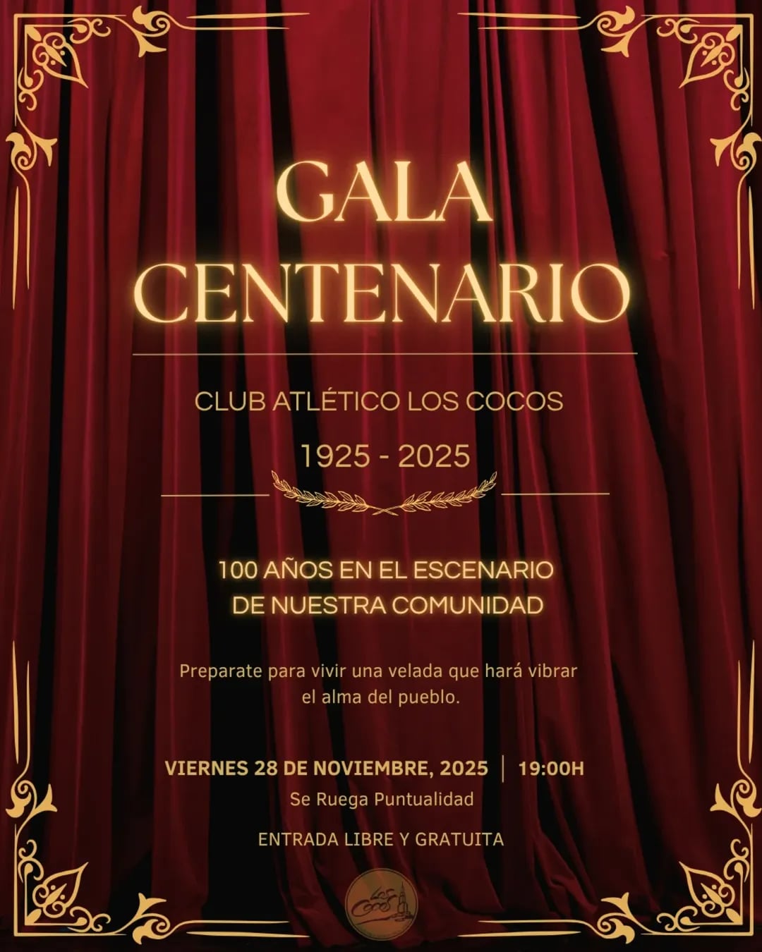 Club Atlético Los Cocos celebra 100 años con una gala con entrada gratis.