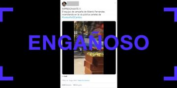 Es engañoso el tuit en el que culpan al equipo de campaña de Alberto Fernández por quemar un cartel de Vidal